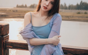Qin Xiaoqiang, Women, Brunette, Long Hair, Straight Hair, Blue Clothing Wallpaper