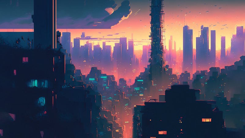 AI Art, Cyberpunk, City, Skyline, Sunset Glow Wallpaper