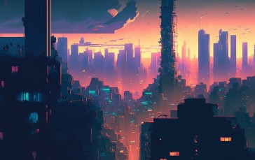AI Art, Cyberpunk, City, Skyline, Sunset Glow Wallpaper