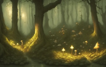 AI Art, Nature, Trees, Mushroom, Forest Wallpaper