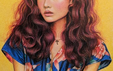 Painting, Flower in Hair, Women, Yellow Background, Long Hair, Minimalism Wallpaper