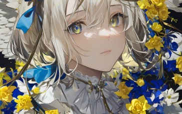 Anime Girls, Flowers, White Hair, Portrait Display, AI Art Wallpaper