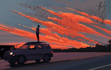 Clouds, Artwork, Sunset Glow, Car Wallpaper