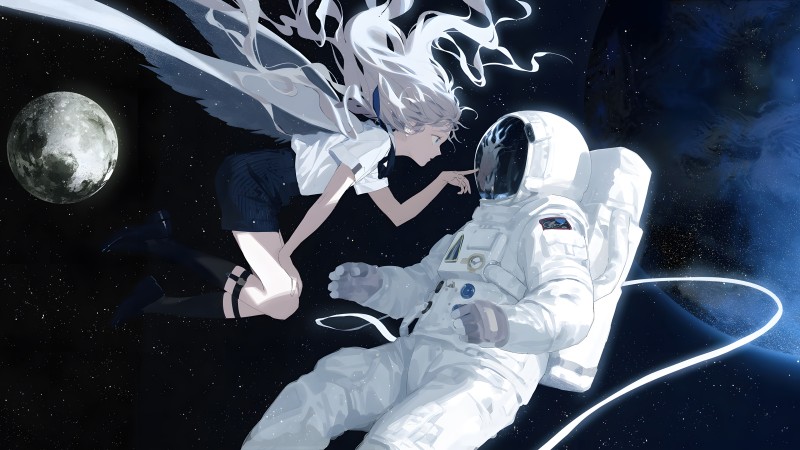 Anime, Anime Girls, Earth, Moon, White Hair, Profile Wallpaper