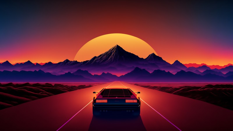 AI Art, Sports Car, Sunset, Mountains, Road, Desert Wallpaper
