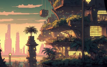 AI Art, Cyberpunk, City, Sunset Glow Wallpaper