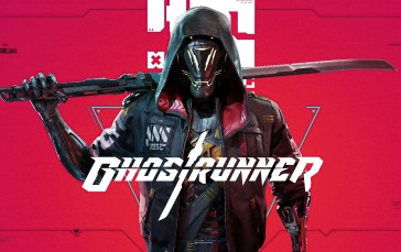 Ghost Runner, Poster, Cyberpunk, Sword, Red Background Wallpaper