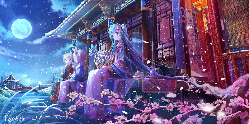 Anime Girls, Kimono, Snow, Moon, Turquoise Hair Wallpaper