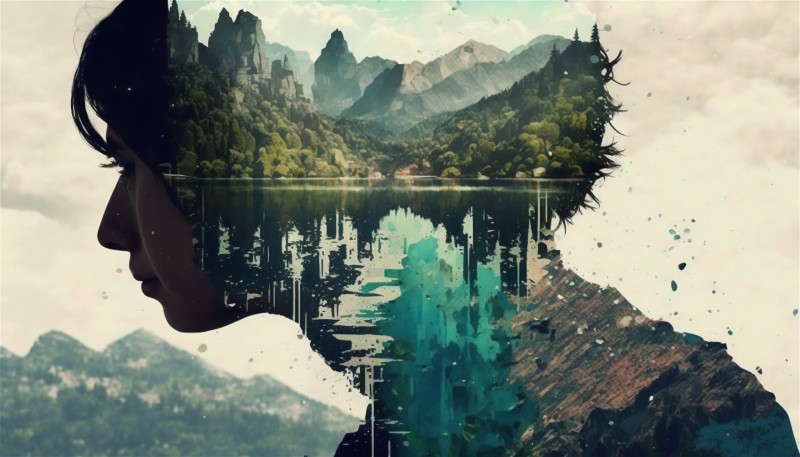 AI Art, Illustration, Double Exposure, Mountains Wallpaper