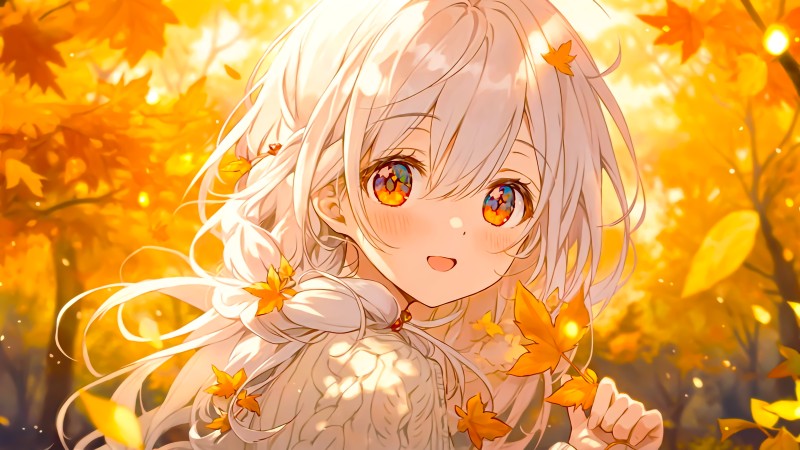 Leaves, Anime Girls, Simple Background, Fall, Yellow Wallpaper