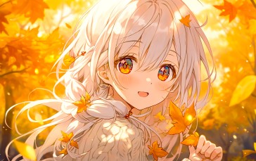 Leaves, Anime Girls, Simple Background, Fall, Yellow Wallpaper