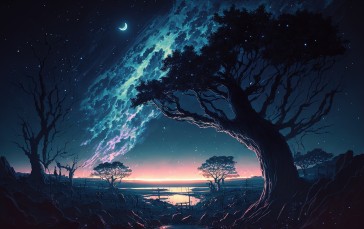 Uomi, AI Art, Illustration, Landscape, Starry Night Wallpaper