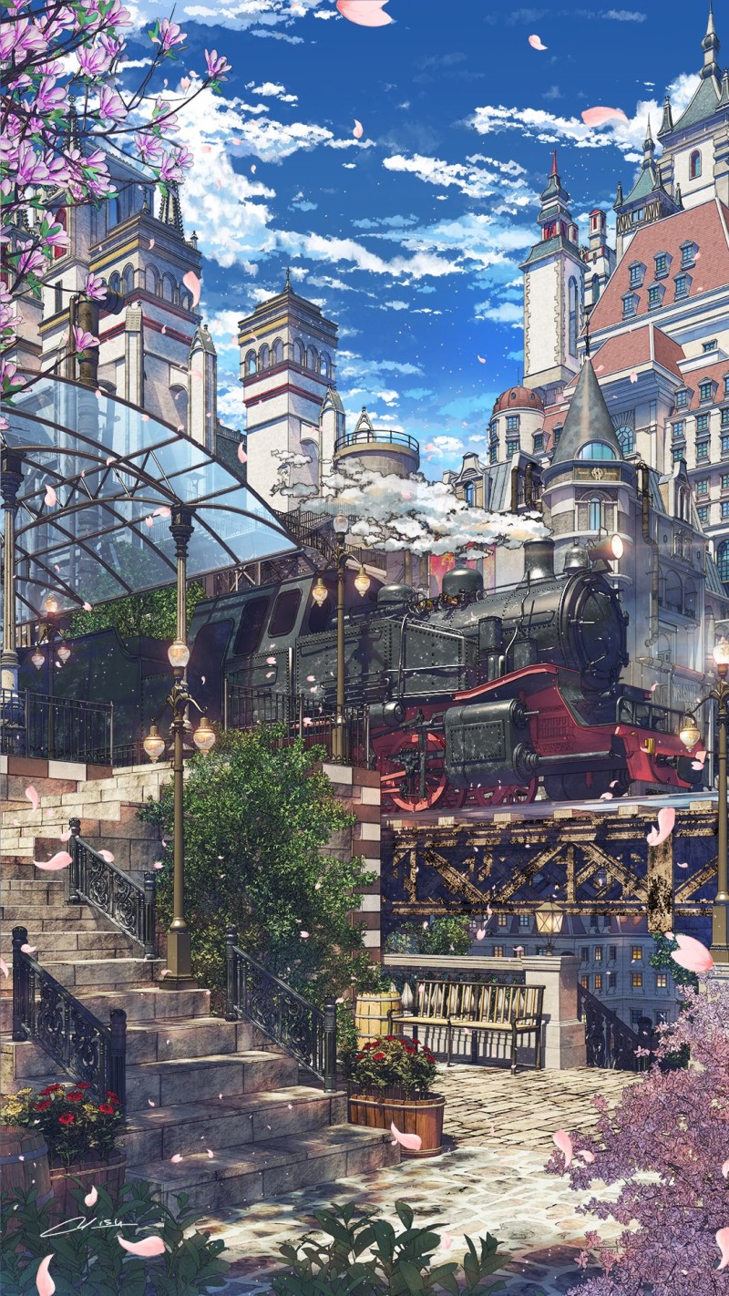 Artwork, Clouds, Portrait Display, Anime City, Stairs Wallpaper