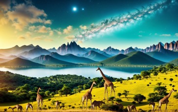 AI Art, Digital Art, Giraffes, Landscape Wallpaper