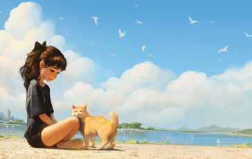 Artwork, Cats, Ponytail, Beach, Girl Sitting on Ground, Sky Wallpaper