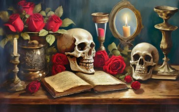 AI Art, Red, Candles, Mirror, Flowers Wallpaper