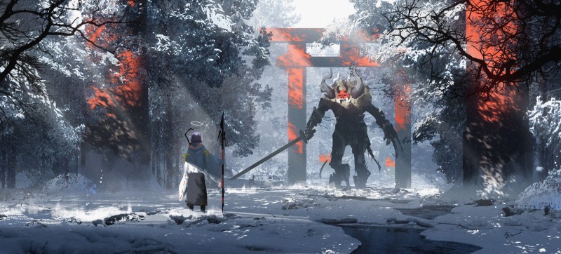 Torii, Winter, Gatekeeper, Spear, Sword, Snow Wallpaper