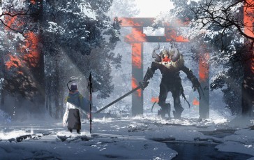 Torii, Winter, Gatekeeper, Spear, Sword, Snow Wallpaper