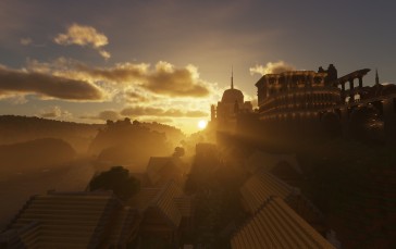 Minecraft, Building, Video Games, CGI, Sunset, Sunset Glow Wallpaper