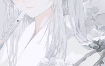 Anime Girls, White, Portrait Display, White Hair, Flowers Wallpaper