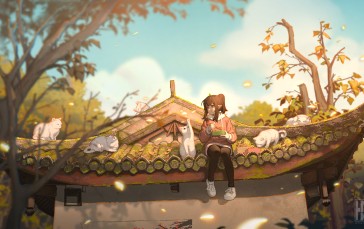 Original Characters, Chinese Architecture, Cats, Eating Wallpaper