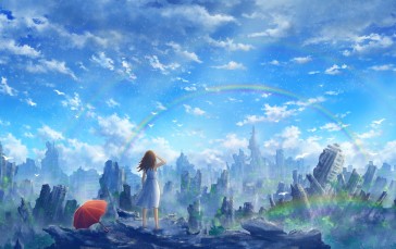 City, Building, Sky, Rainbows, Anime Girls, Post Apocalypse Wallpaper