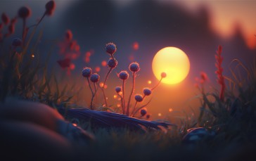 AI Art, Closeup, Grass, Nature, Sun, Sunset Wallpaper