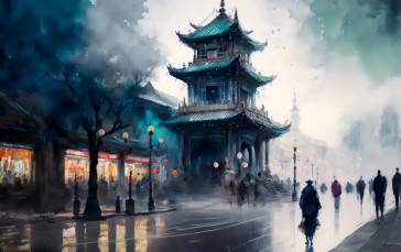 Watercolor Style, China, Architecture, Digital Art Wallpaper