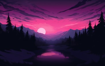 AI Art, Purple Glow, Landscape, Sky, Sun, Trees Wallpaper