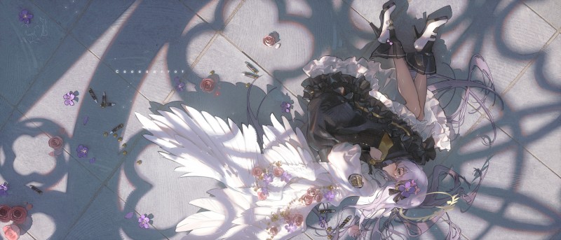 Caaaaarrot, Anime Girls, Wings, Lying on Side, Flowers Wallpaper