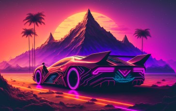 Retrowave, Old Car, Palm Trees, Mountain Top, Sunset, Car Wallpaper