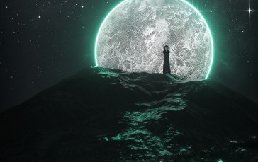 3D Abstract, Abstract, Lighthouse, Moon Wallpaper