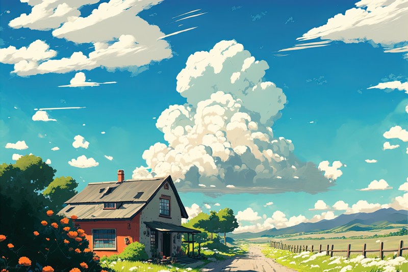 Landscape, Clouds, Path, House Wallpaper