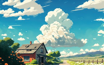 Landscape, Clouds, Path, House Wallpaper