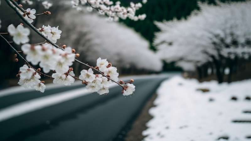AI Art, Cherry Blossom, Snow, Road, Flowers Wallpaper