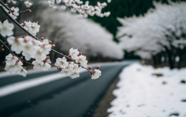 AI Art, Cherry Blossom, Snow, Road, Flowers Wallpaper