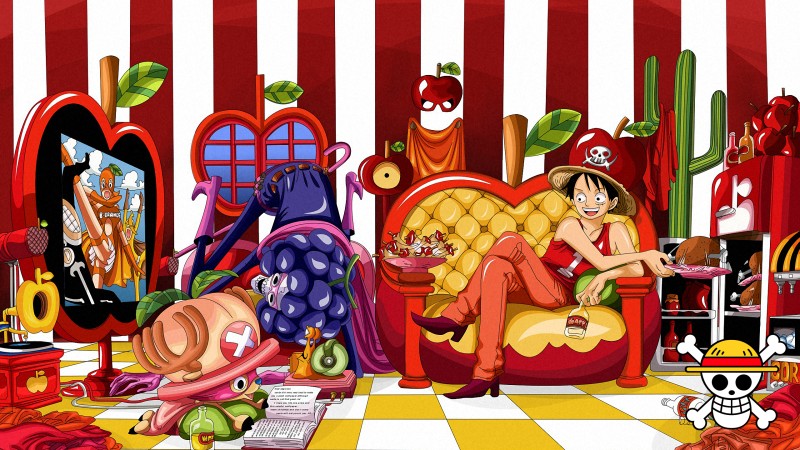 One Piece, Monkey D. Luffy, Brook, Anime Boys, Legs Crossed, Colorful Wallpaper
