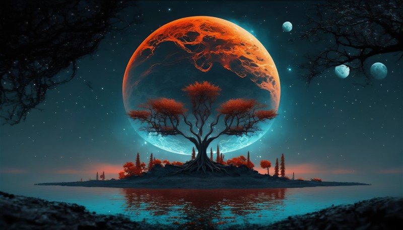 AI Art, Moon, Lake, Trees, Island, Illustration Wallpaper
