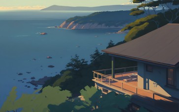 Sea, House, Water, AI Art Wallpaper