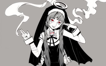 PinnochioP, Hatsune Miku, Cigarettes, Nun Outfit, Halo, Simple Background Wallpaper