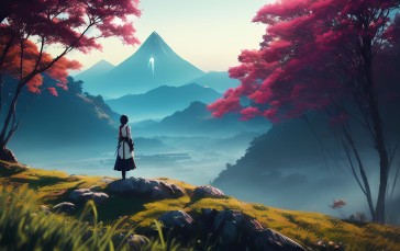 Stable Diffusion, Mountain View, Mountains, Anime Girls, Nature Wallpaper