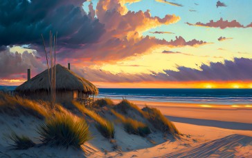 Beach, Sunset, Hut, Illustration Wallpaper