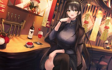 Anime, Anime Girls, Legs Crossed, Bar, Alcohol, Strawberries Wallpaper