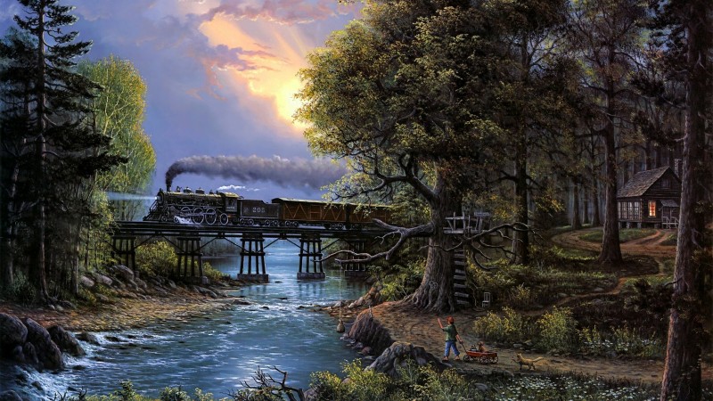Train, Painting, Steam Locomotive, Water Wallpaper