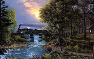 Train, Painting, Steam Locomotive, Water Wallpaper