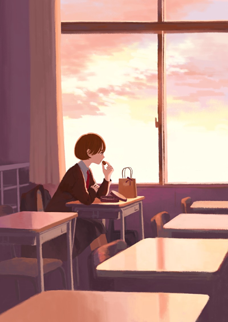 Anime Girls, Portrait Display, Classroom, Window, Sunset, Sunset Glow Wallpaper