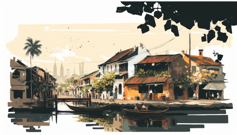 AI Art, Illustration, Village, Water, Boat, Building Wallpaper