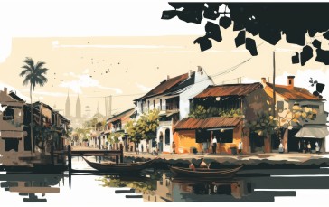 AI Art, Illustration, Village, Water, Boat, Building Wallpaper