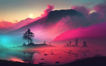 AI Art, Mist, Morning, Sunrise, Landscape, Mountains Wallpaper