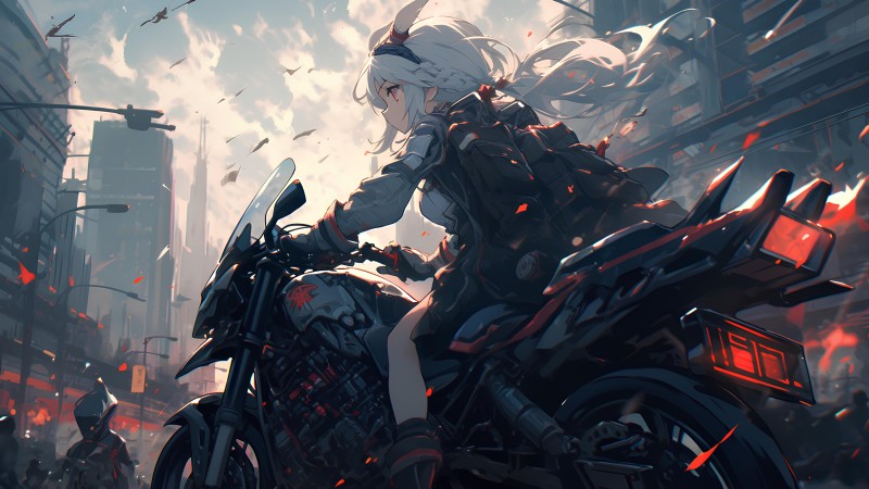 AI Art, Anime Girls, Motorcycle, Clouds, Women with Motorcycles, City Wallpaper